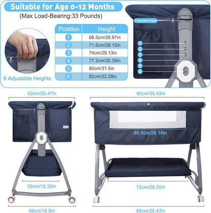 3 in 1 Baby Bassinet, Bedside Sleeper for Baby, Bedside Crib with Wheels & Storage Basket & Mosquito Net, Height Adjustable Baby Bed, Portable Bassinet for Newborn/Infant（Blue）