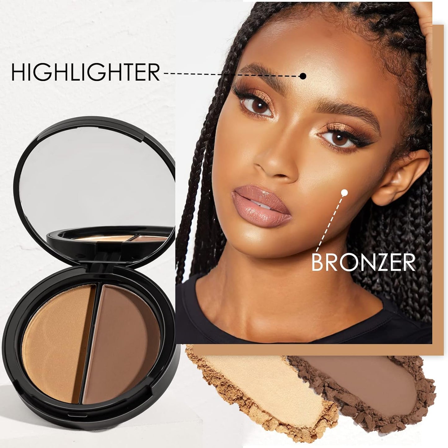 Focallure Bronzer and Highlighter Palette,Face Illuminator Contour Palette,Long Lasting Shimmer Makeup Palette,Cruelty Free Waterproof Matte Bronzer Powder Glow Makeup Kit,Deep Gold&Dark Brown