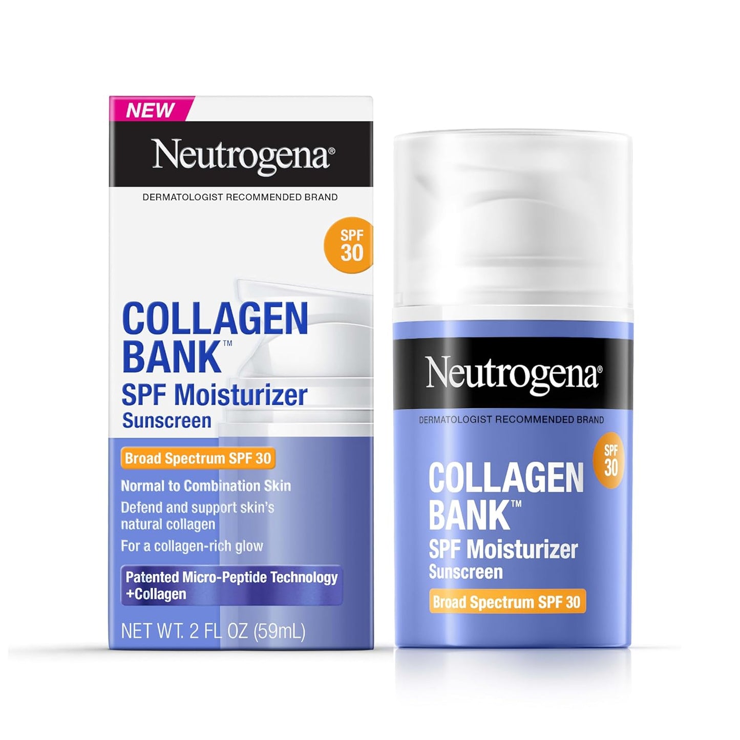 Neutrogena Collagen Bank Facial Moisturizer, SPF 30, Daily Collagen Face Moisturizer + Bakuchiol for Visibly Glowing, Plump Skin, Non-Comedogenic, Lightweight & Fragrance-Free, 2 fl. oz