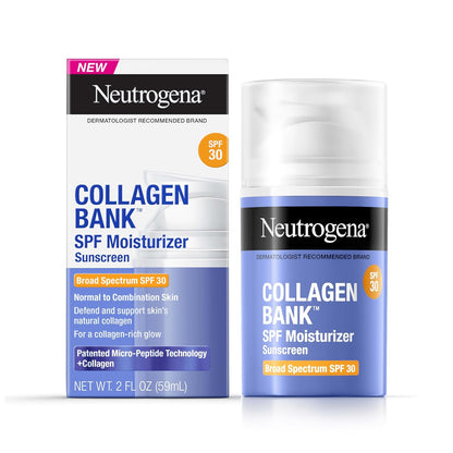 Neutrogena Collagen Bank Facial Moisturizer, SPF 30, Daily Collagen Face Moisturizer + Bakuchiol for Visibly Glowing, Plump Skin, Non-Comedogenic, Lightweight & Fragrance-Free, 2 fl. oz