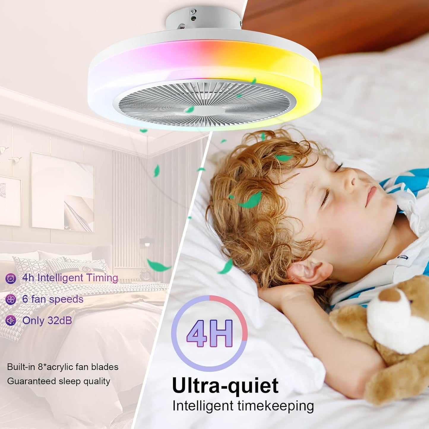 30W 50cm LED Ceiling Light with Fan,RGB Super Bright Lights，Bluetooth Music Speaker,Remote Control and APP,Adjustable Wind Speed and Light,3000k-6500k,Modern Ceiling Light for Bedroom,Living Room