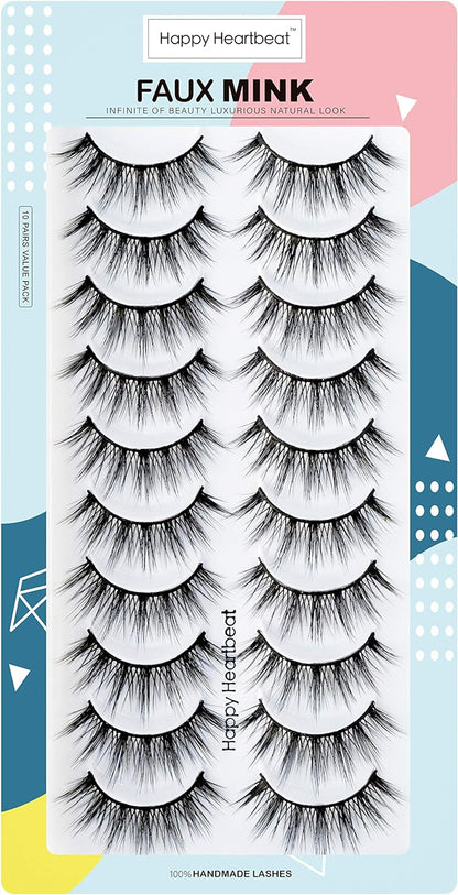 Happy Heartbeat 3D False Lashes Wispy Natural - Faux Mink Lashes Cat-Eye Handmade Luxurious Soft Fluffy Dramatic False Eyelashes 10 Pairs (H1)