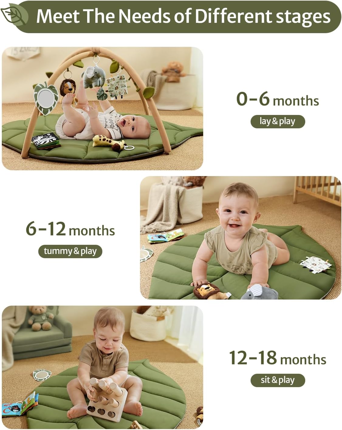 Baby Glide Baby Play Gym & Activity Mat, Oversize Leaf Shaped Baby Play Mat w 6 Detachable Toy