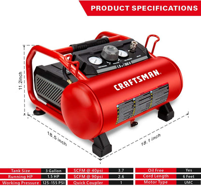 Craftsman Air Compressor, 3 Gallon 1.5 HP Max 155 Psi Pressure Oil-Free Portable, Red- CMXECXA0200341