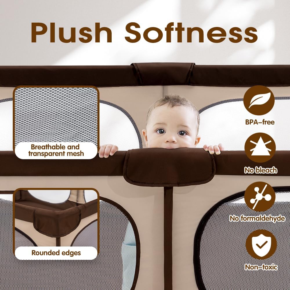 Playpals Baby Playpen, 150x180CM Play Pen for Babies & Toddlers, Large,Brown