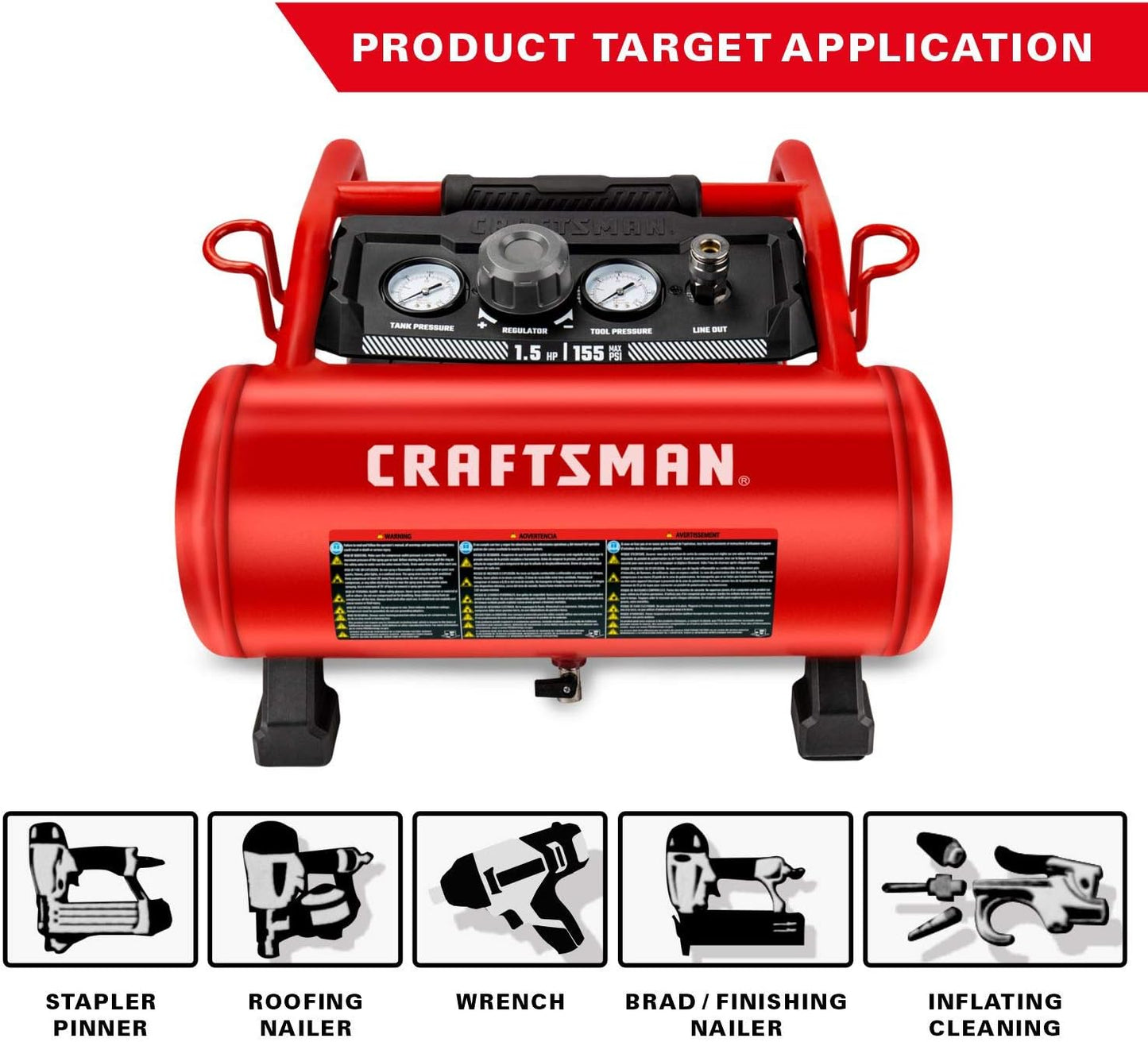 Craftsman Air Compressor, 3 Gallon 1.5 HP Max 155 Psi Pressure Oil-Free Portable, Red- CMXECXA0200341