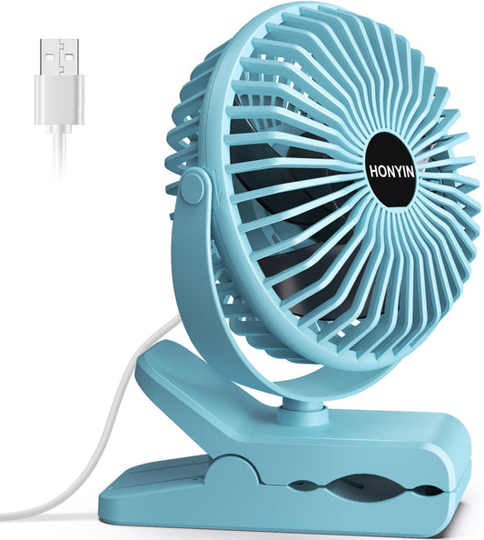 HONYIN USB Clip on Fan, 720° Rotation Small Desk & Clip Fan, 3 Speeds, Quiet Little Fan by USB Plug In