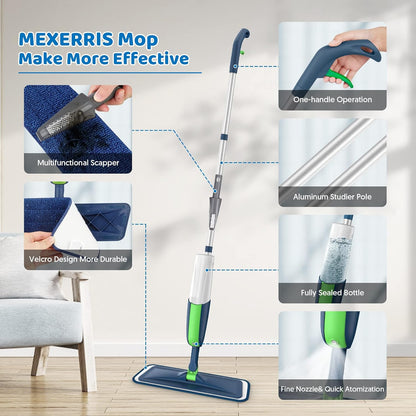 Spray Mops Microfiber Floor for Cleaning -MEXERRIS Wet Dust Mop with 2 Refillable Bottle & 5 Pads Hardwood Laminate Vinyl Ceramic Floors Cleaning, Green