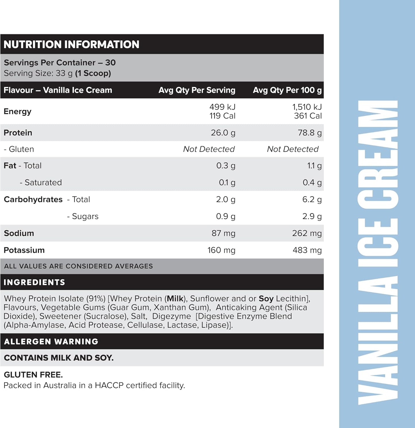 Muscle Nation Vanilla Ice Cream Flavour Whey Protein Isolate 990g (30 Serves)