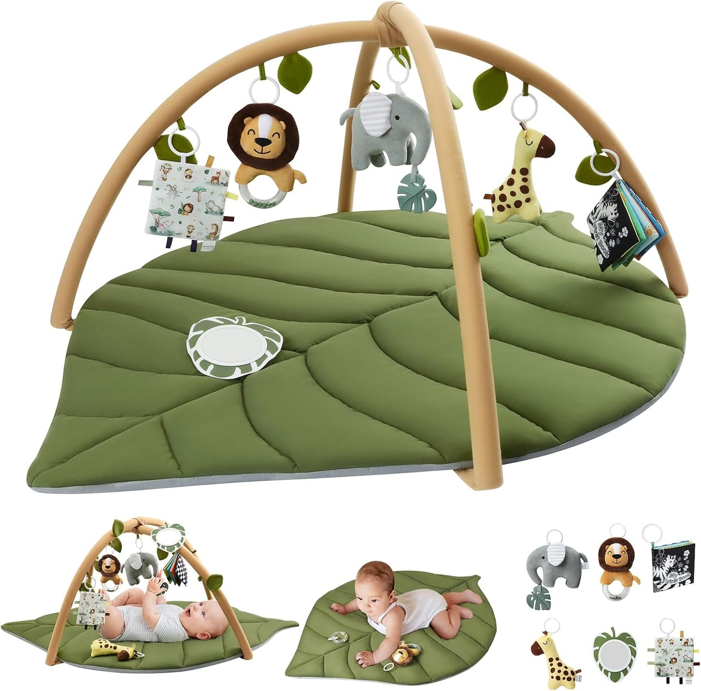 Baby Glide Baby Play Gym & Activity Mat, Oversize Leaf Shaped Baby Play Mat w 6 Detachable Toy