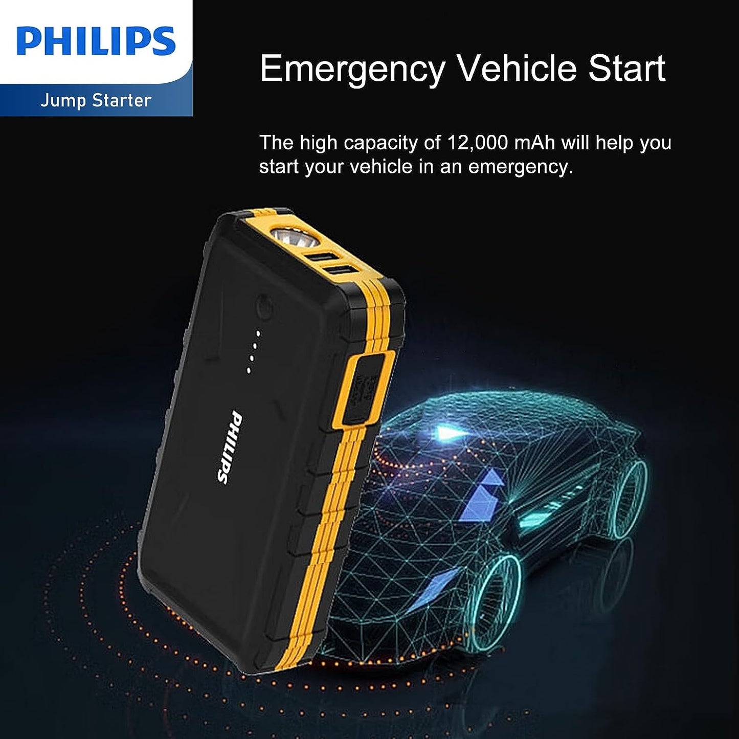 Philips Portable Car Jump Starter 10,000 mAh Power Bank, Large Capacity Current 500A, Engine Starter for 12V