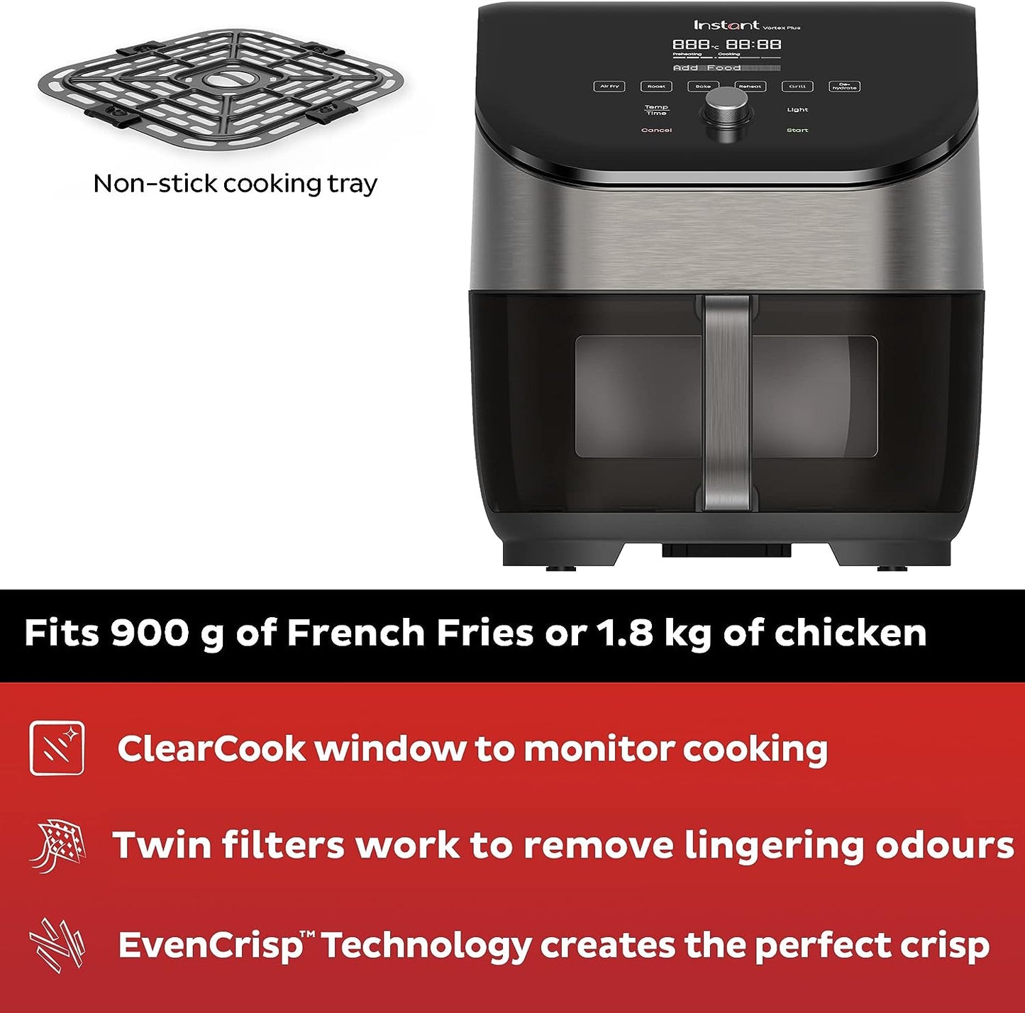 Instant Vortex Plus ClearCook - 5.7L Air Fryer, Stainless Steel, 6-in-1 Smart Programs - Air Fry, Bake, Roast, Grill