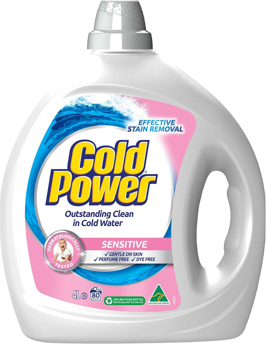 Cold Power Laundry Liquid Sensitive 4L (80 washes), Sensitive Laundry Detergent for Effective Stain Removal and Outstanding Results in Cold Water, No Enzyme and Dye and Perfume-Free Laundry Liquid