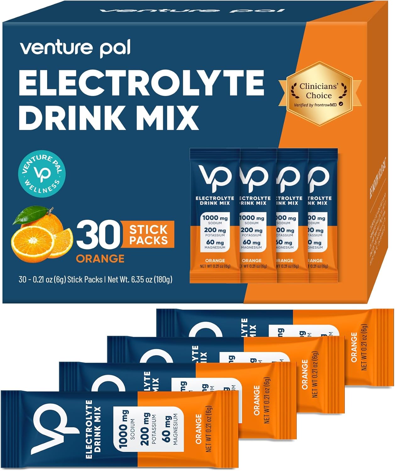 Venture Pal High Sodium Sugar Free Electrolytes Powder Packet - Hydration Packets with Vitamin, Sodium & Potassium | Zero Calories - 30 Sticks