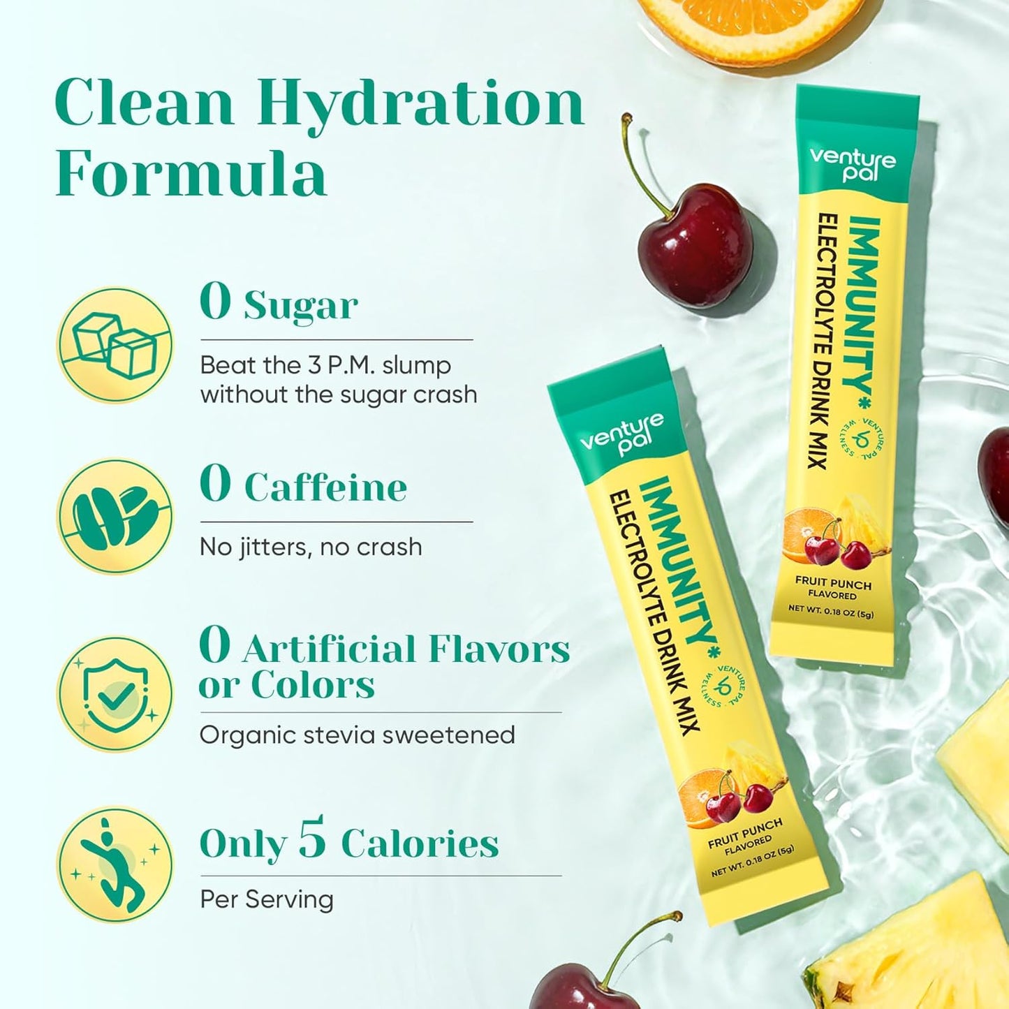 Venture Pal 2-in-1 Hydration + Immune Electrolytes Powder Packets with 7 Electrolytes & 6 Vitamins, Keto Friendly, 16 Sticks