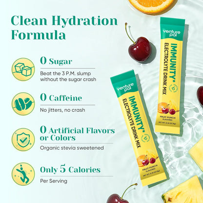 Venture Pal 2-in-1 Hydration + Immune Electrolytes Powder Packets with 7 Electrolytes & 6 Vitamins, Keto Friendly, 16 Sticks