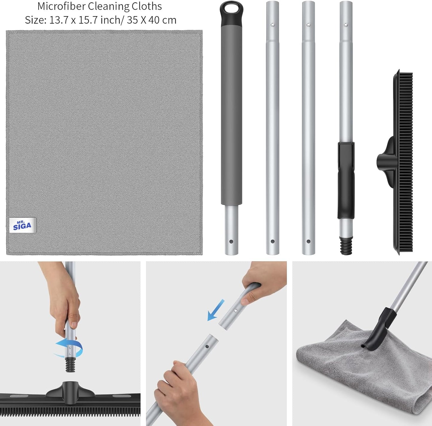 MR.SIGA Pet Hair Removal Rubber Broom with Built in Squeegee, 3 in 1 Floor Brush
