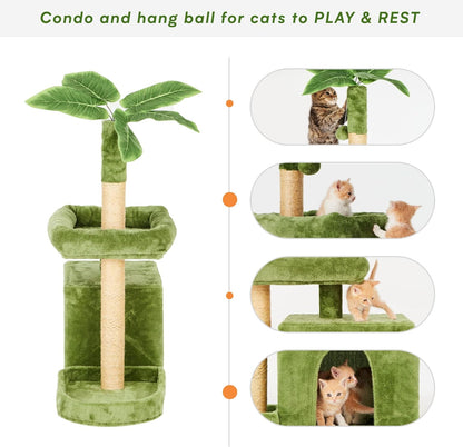 TSCOMON 31.5'' Cat Tree Cat Tower for Indoor Cats with Green Leaves, Cat Condo Cozy Plush Cat House with Hang Ball & Leaf Shape Design, Cat Furniture Pet House with Cat Scratching Posts, Green (CT06)