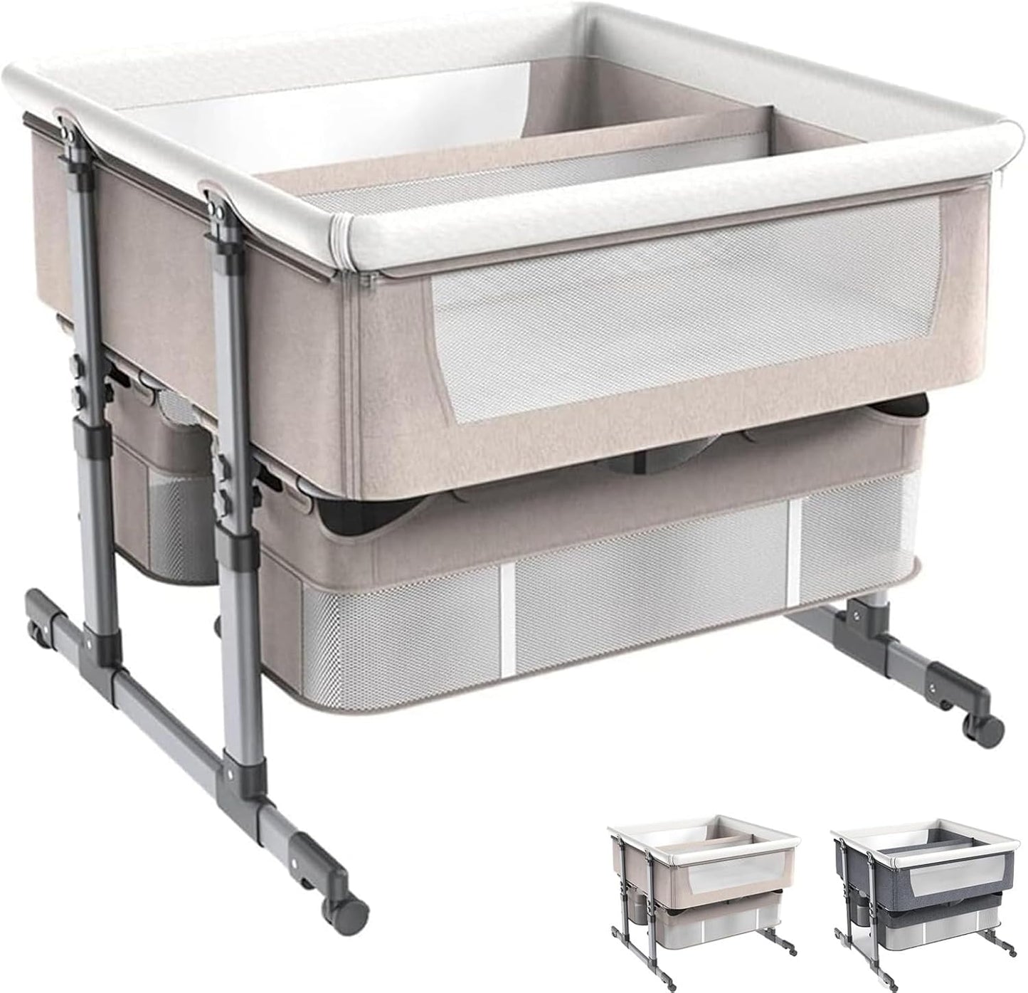 Twin Bassinet,Cosleeper Bassinet Bed Side Baby Bassinet with Storage Basket 6 Height Adjustable Anti-Emesis Side Sleeper Bassinet for Baby 1 to 36 Months Grey