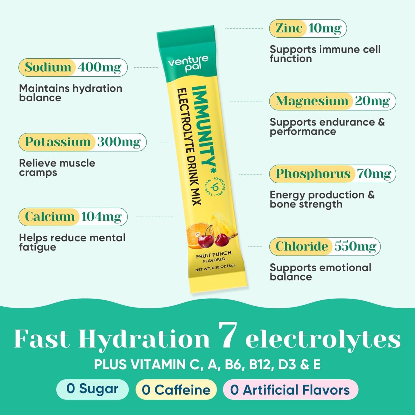 Venture Pal 2-in-1 Hydration + Immune Electrolytes Powder Packets with 7 Electrolytes & 6 Vitamins, Keto Friendly, 16 Sticks