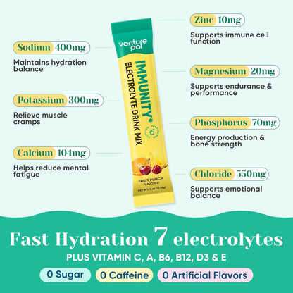 Venture Pal 2-in-1 Hydration + Immune Electrolytes Powder Packets with 7 Electrolytes & 6 Vitamins, Keto Friendly, 16 Sticks