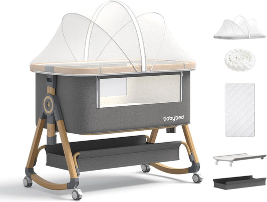 Baby Bassinet, 4 in 1 Bedside Sleeper with Mosquito Net 4D Air Fiber Mattress and Soft Braided Crib Bumper