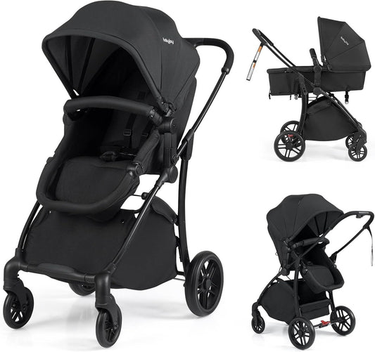 BABY JOY 2 in 1 Baby Stroller, Folding High Landscape Pushchair with Bassinet Mode, Convertible Infant Stroller w/Reversible Seat, Adjustable Canopy, Backrest & Footrest for 0-36 Months (Black)