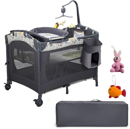 4 in 1 Baby Bassinet with Mattress, Portable Changing Table with Carry Bag & Detachable Side Bar & Music Box, Baby Bedside Sleeper Cot & Activity Area with Hanging Toys & 3 Adjustable Height