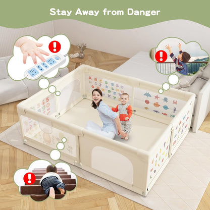 Baby Playpen 200 x 160 cm, Extra-Large Non-Slip Playpens with Patterns, 50 Ocean Balls, 6 Pull Rings (Beige)