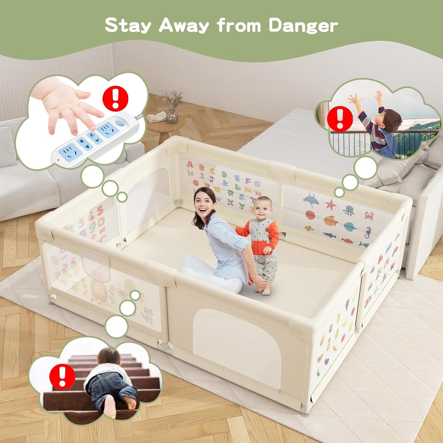 Baby Playpen 200 x 160 cm, Extra-Large Non-Slip Playpens with Patterns, 50 Ocean Balls, 6 Pull Rings (Beige)