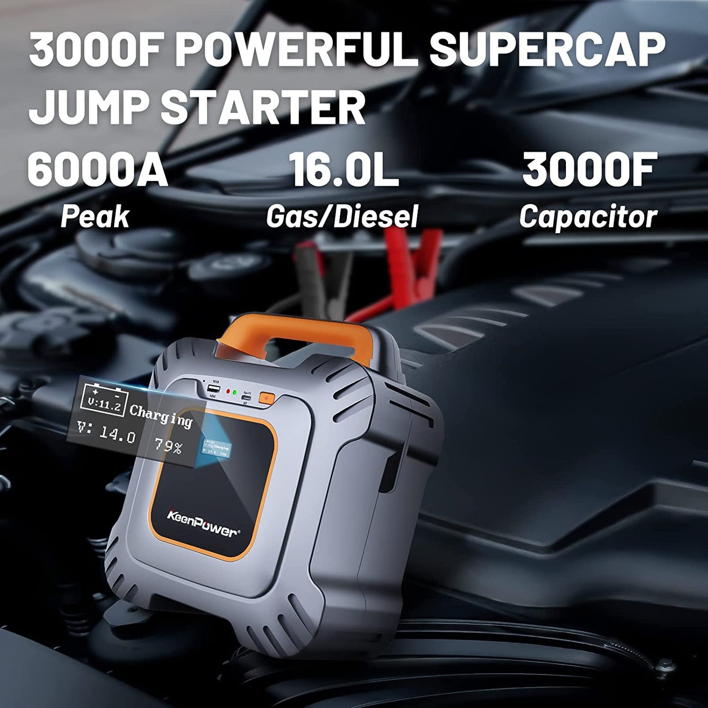 KeenPower SuperCap Portable Jump Starter 6000A Peak, Extremely Safe Super Capacitor Car Jump Starter Gasoline and Diesel Engines Up to 16-Liters