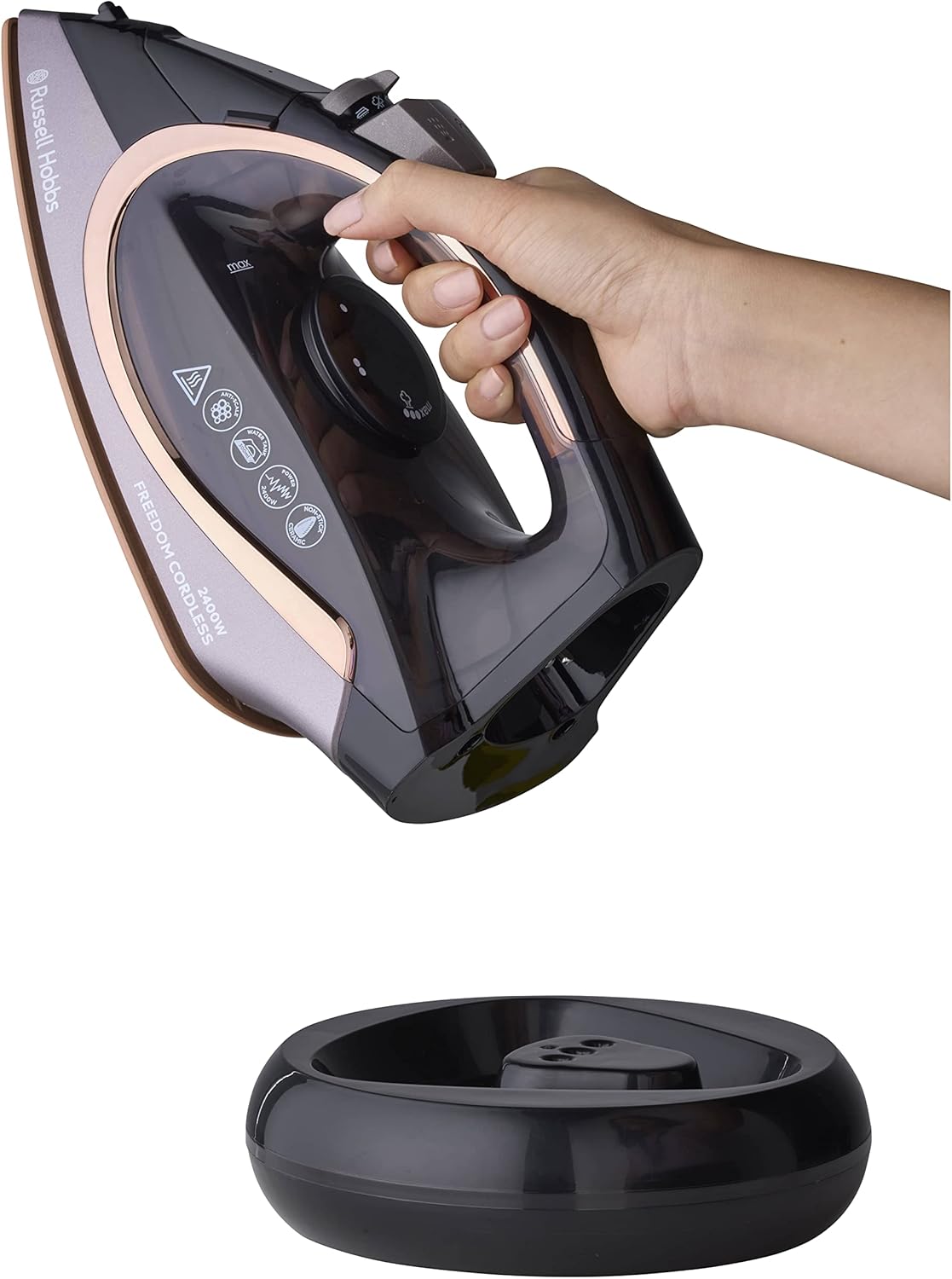 Russell Hobbs Freedom Cordless Steam Iron, RHC580, 2400W (AU Plug), Copper Coated Ceramic Soleplate to Store Heat, 135g Shot + 40g Continuous Steam, Variable Temperature Settings, Black