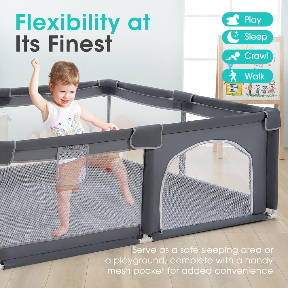 Playpals Baby Playpen – 180x200cm Spacious Play Yard for Babies & Toddlers , Grey
