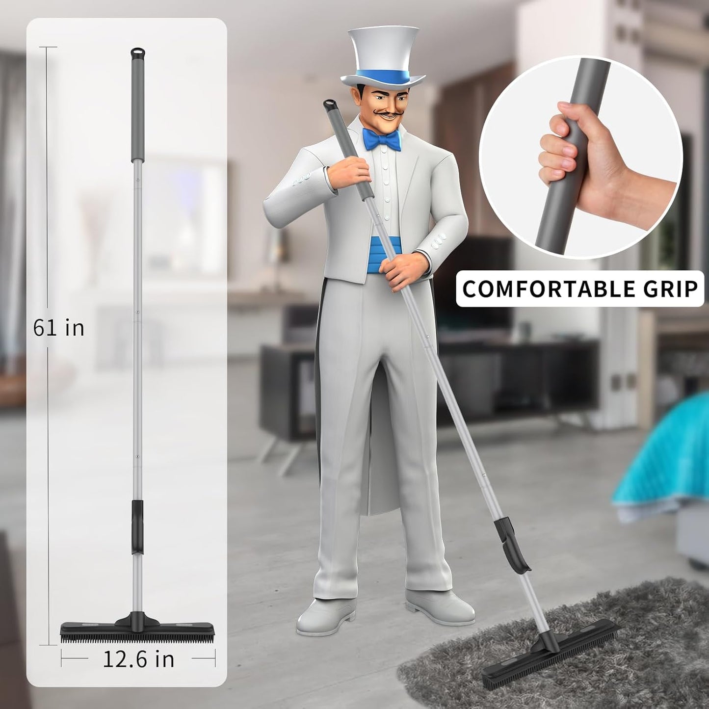 MR.SIGA Pet Hair Removal Rubber Broom with Built in Squeegee, 3 in 1 Floor Brush