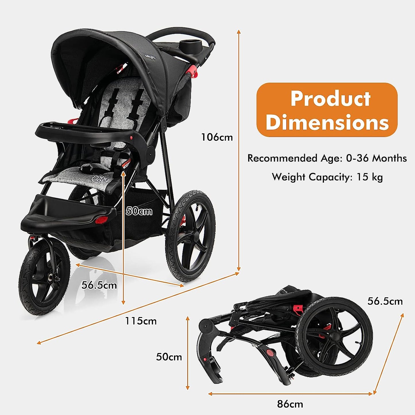 Baby Jogging Stroller, Lightweight Baby Stroller Jogger with Adjustable Canopy & Backrest