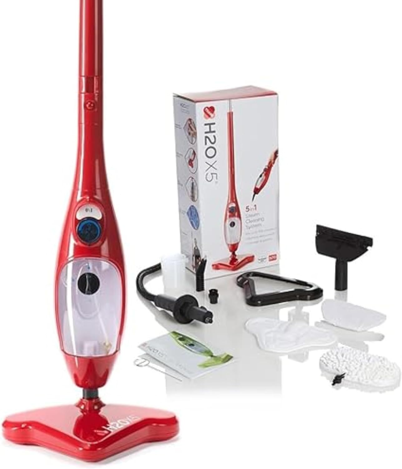 H2O X5+ Steam Mop and Handheld Steam Cleaner - Multifunctional and Multi-Purpose System for Floors, Carpets, Windows, Upholstery, Kitchens and Bathrooms (Red)
