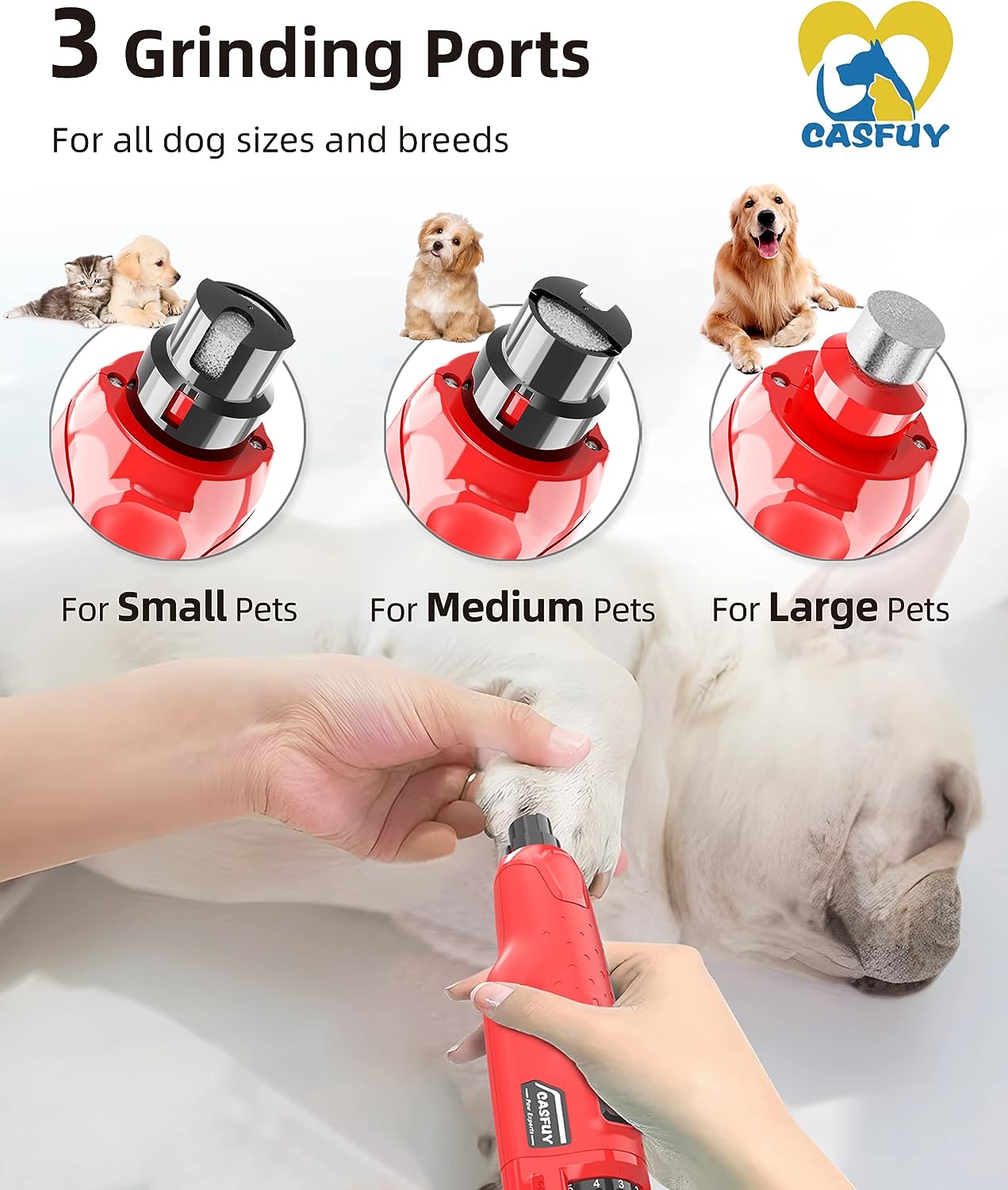 Casfuy Dog Nail Grinder Quiet - (45db) 6-Speed Pet Nail Grinder with 2 LED Lights for Large Medium Small Dogs/Cats, Professional 3 Ports Rechargeable Electric Dog Nail Trimmer with Dust Cap