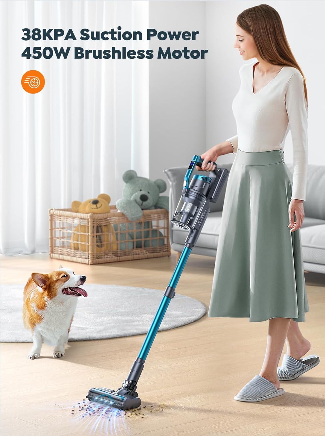 BuTure Cordless Vacuum Cleaner, 38Kpa Powerful Suction Stick Vacuum with Colorful Animated Screen, Max 55min Runtime, Multi-Cone Filtration, Handheld Vacuum for Hardwood Floor Carpet Pet Hair