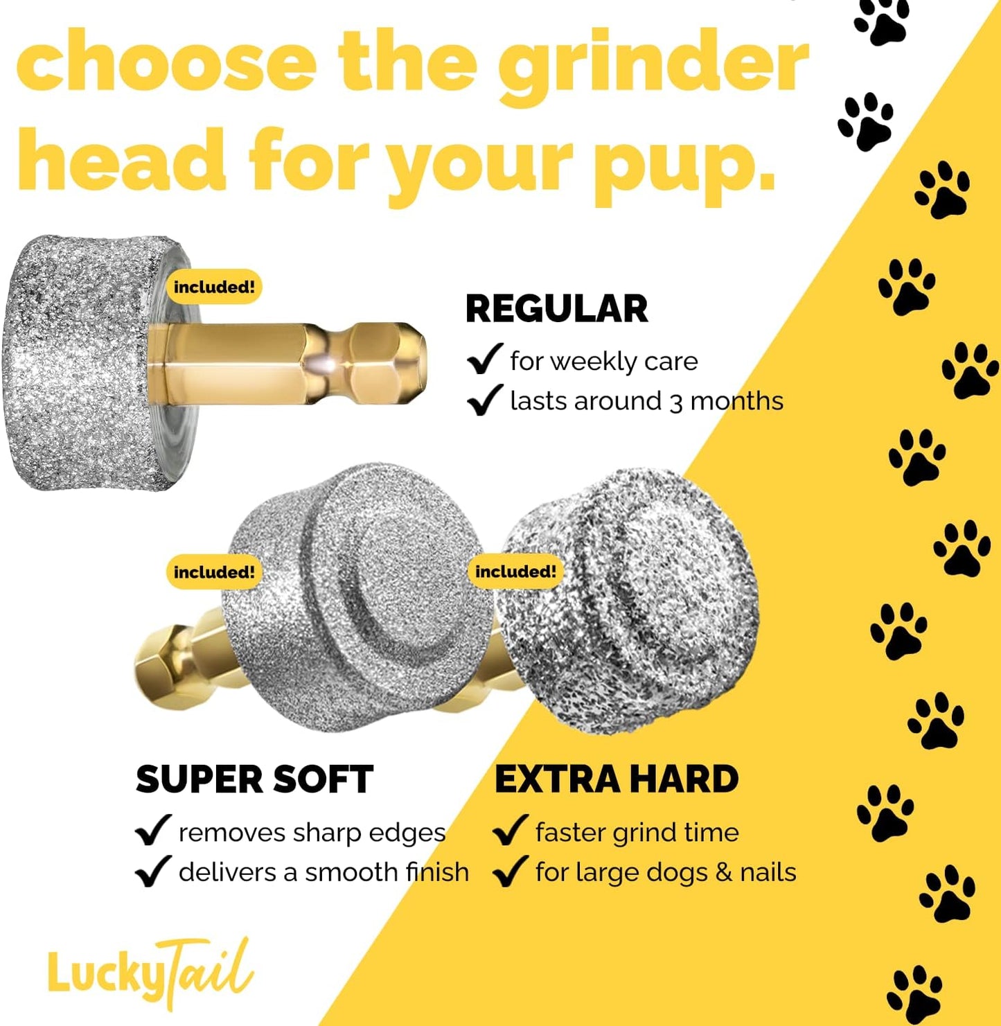 LuckyTail - Dog Nail Grinder - Regular, Extra Hard & Super Soft Replacement Head - Small & Large Dogs - Premium Quality - Diamond Tip Drill Bit - Professional Dog Nail Trimmers - Grooming Kit - 3 Pack