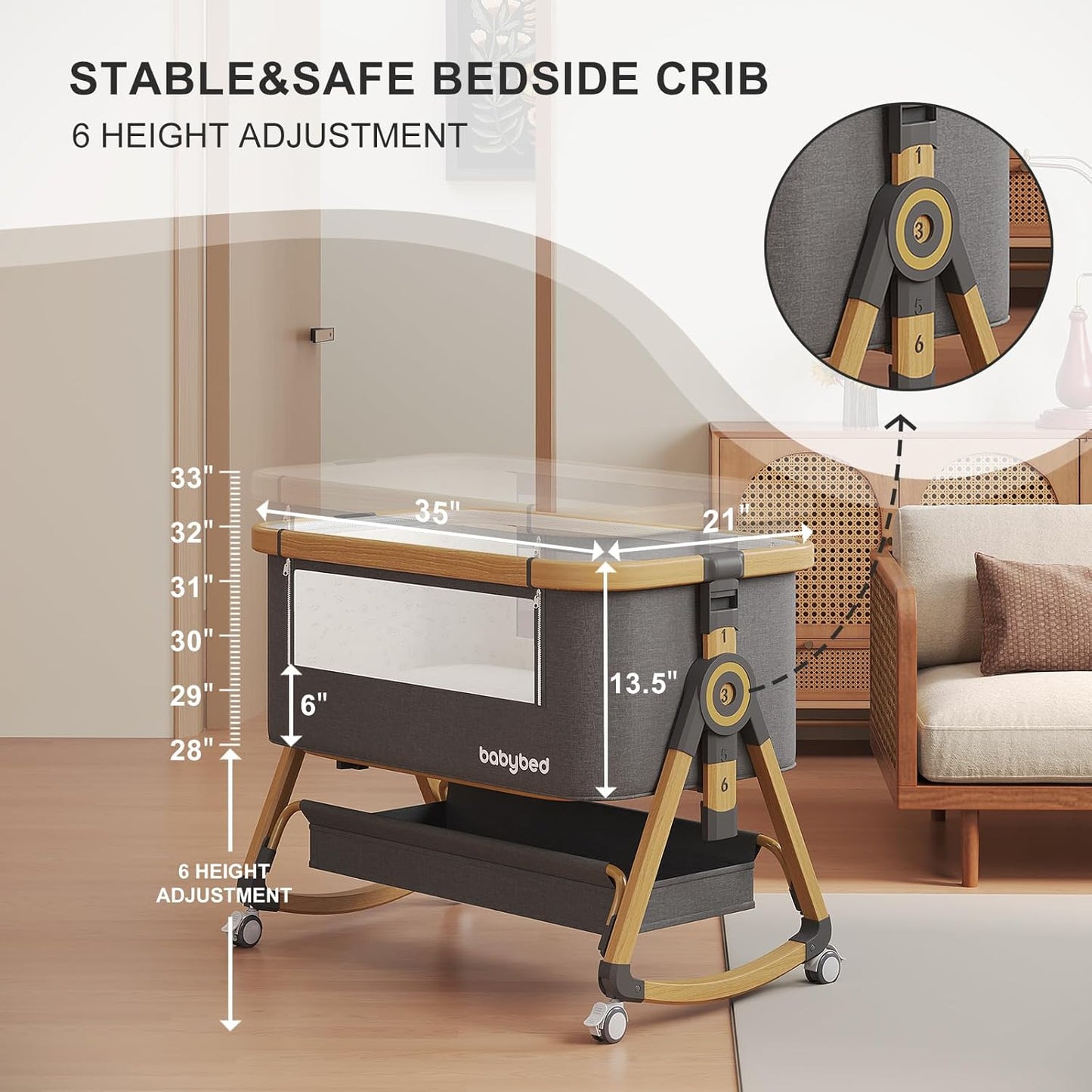 Baby Bassinet, 4 in 1 Bedside Sleeper with Mosquito Net 4D Air Fiber Mattress and Soft Braided Crib Bumper