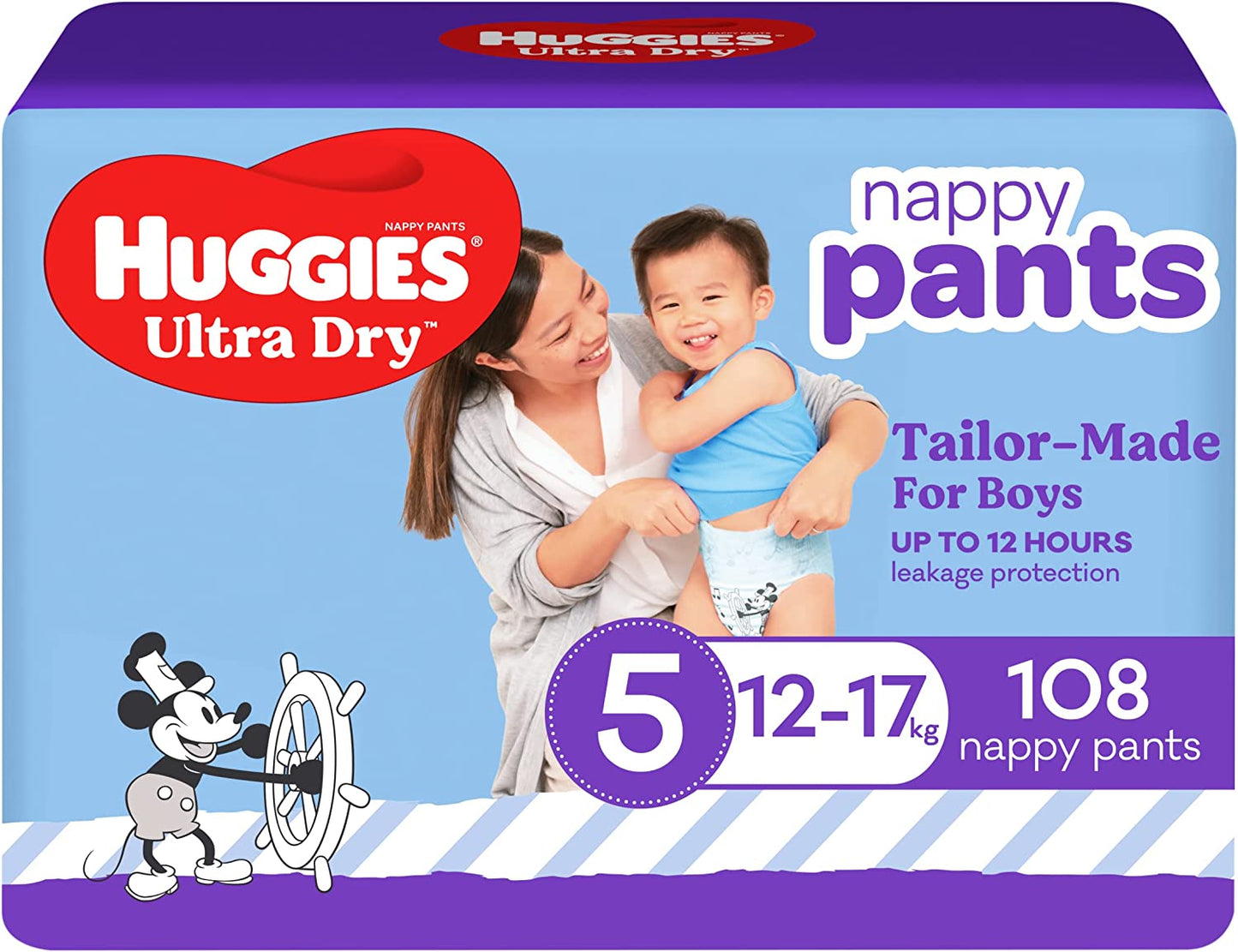 Huggies Ultra Dry Nappy Pants Boy Size 5 (12-17kg) 108 Nappies