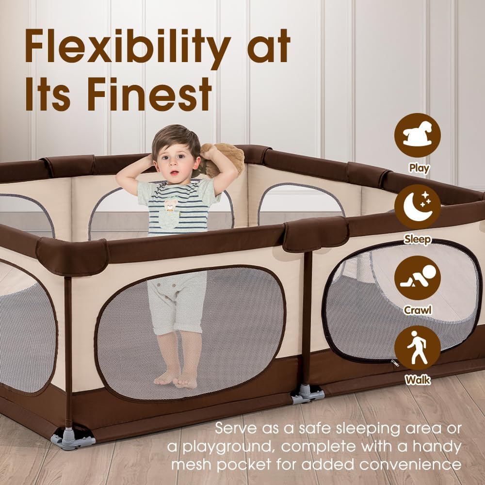 Playpals Baby Playpen, 150x180CM Play Pen for Babies & Toddlers, Large,Brown