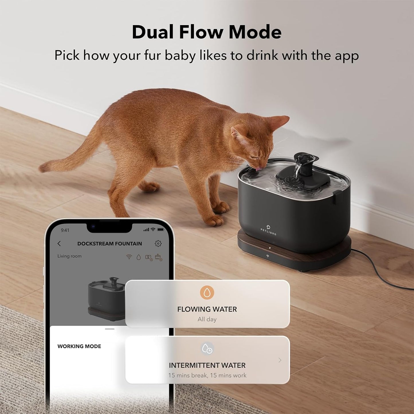 PETLIBRO App Monitoring Cat Water Fountain with Wireless Pump, 2.5L/84oz Dockstream Pet Water Fountain for Cats Inside, Automatic Cat Water Dispenser with 2.4GHz Wi-Fi, Smart Fountain, App Control