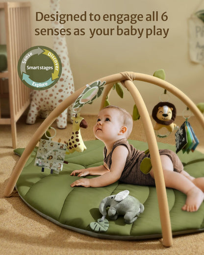 Baby Glide Baby Play Gym & Activity Mat, Oversize Leaf Shaped Baby Play Mat w 6 Detachable Toy
