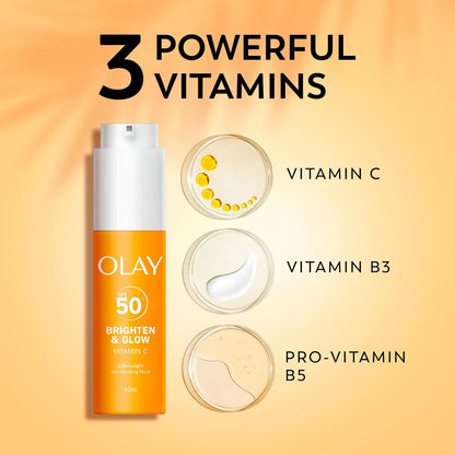 Olay Vitamin C Brighten & Glow 3in1 Moisturising Fluid SPF50+ Hydrating Skincare Moisturiser and Primer with Niacinamide. Hydration, Glow, UV Protection, Corrects Dark Spots 50ml