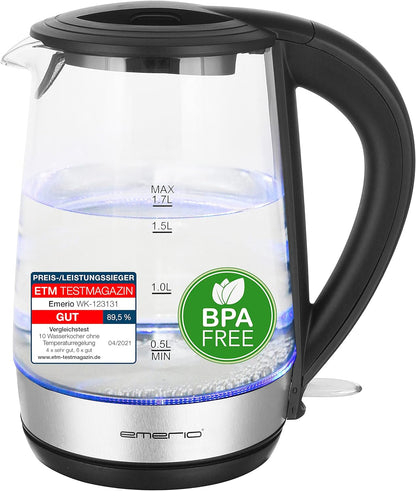 Emerio WK-123131 Glass Kettle 1.7 L, BPA Free, Best Borosilicate Glass, 2200 Watt, Beautiful Blue LED Lighting, Auto Off, Overheating Protection, with High-Quality Stainless Steel