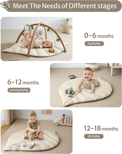 Baby Glide  Baby Play Gym & Activity Mat, Leaf Shaped Baby Tummy Time Play Mat with 6 Detachable Toys