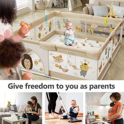 LIODUX Baby Playpen with Mat - 180 x 200cm, Baby Fence Play Area, Toddler (Khaki)