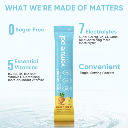 Venture Pal Sugar Free Electrolyte Powder Packets - Liquid Daily IV Drink Mix for Rapid Hydration & Party Recovery | 5 Vitamins & 7 Electrolytes| Keto Friendly | Non-GMO | Certified Vegan | 16 Sticks