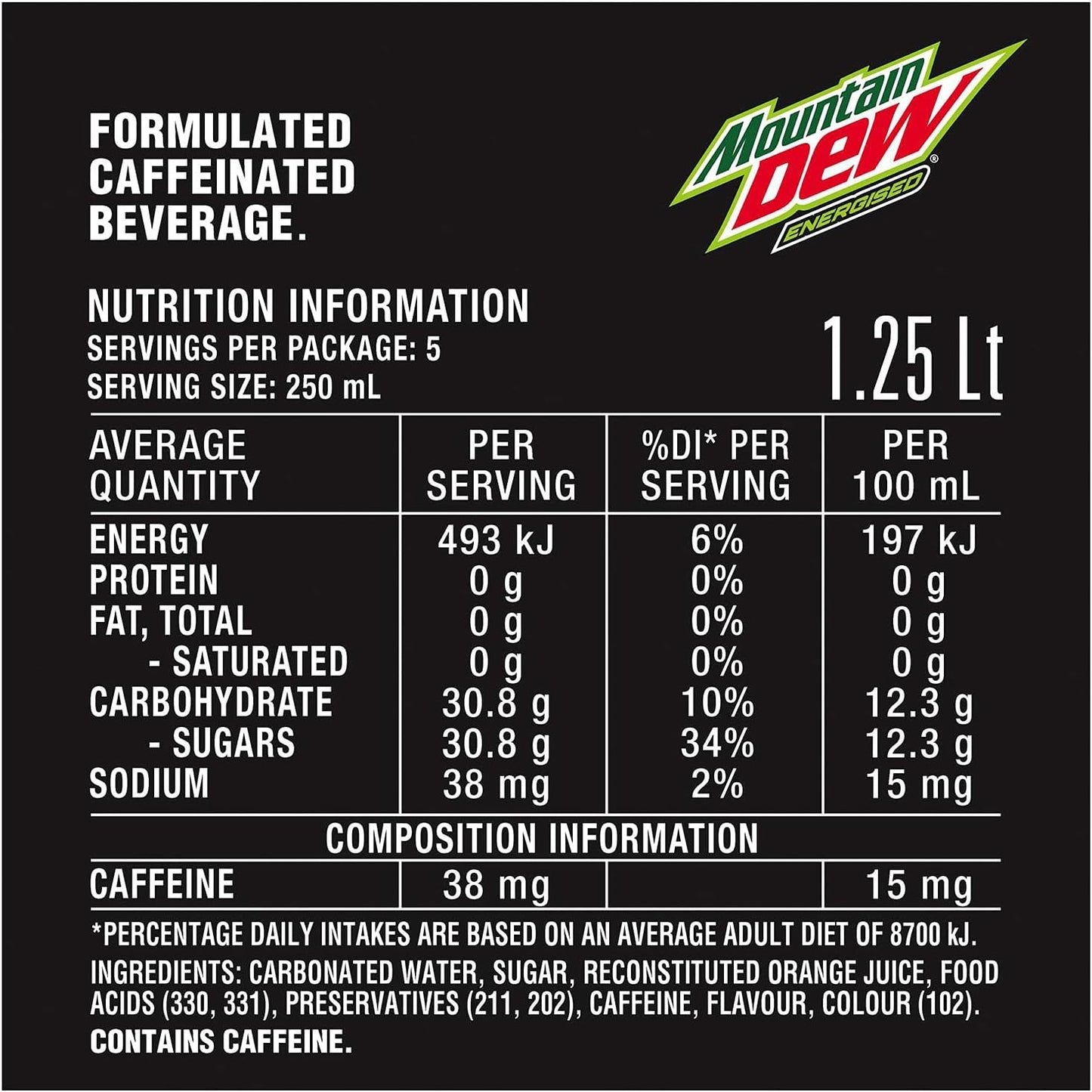 Mountain Dew Energised Soft Drink, 12 x 1.25L
